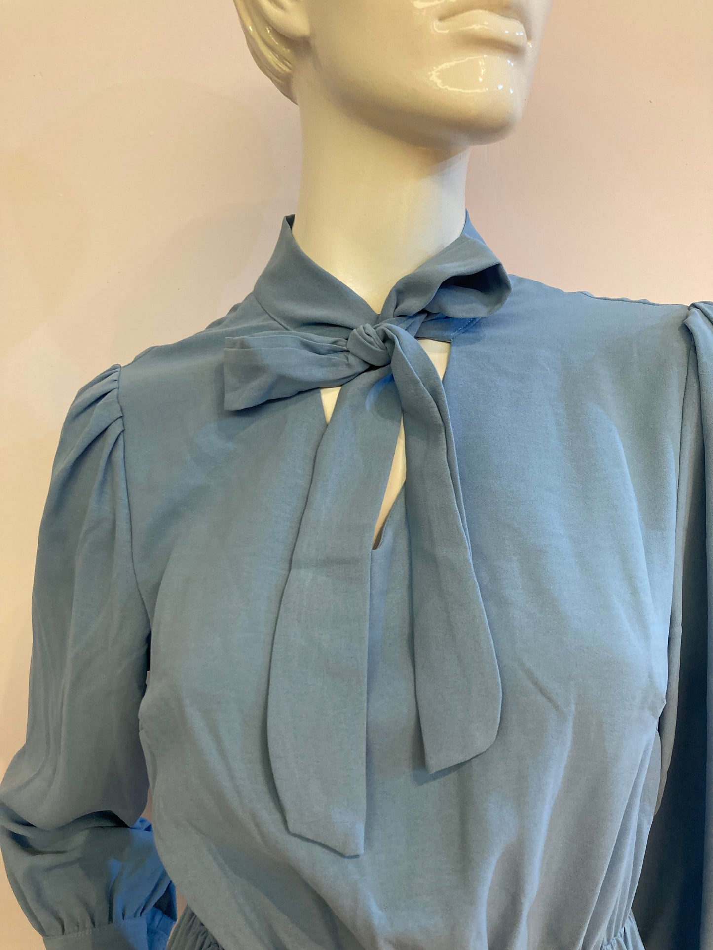Blue skater dress with ruffle and knot at the neck