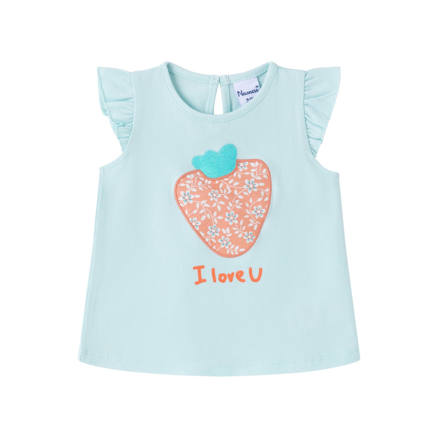 Blauw t-shirt met straberry in bloemen en vlindermouwen