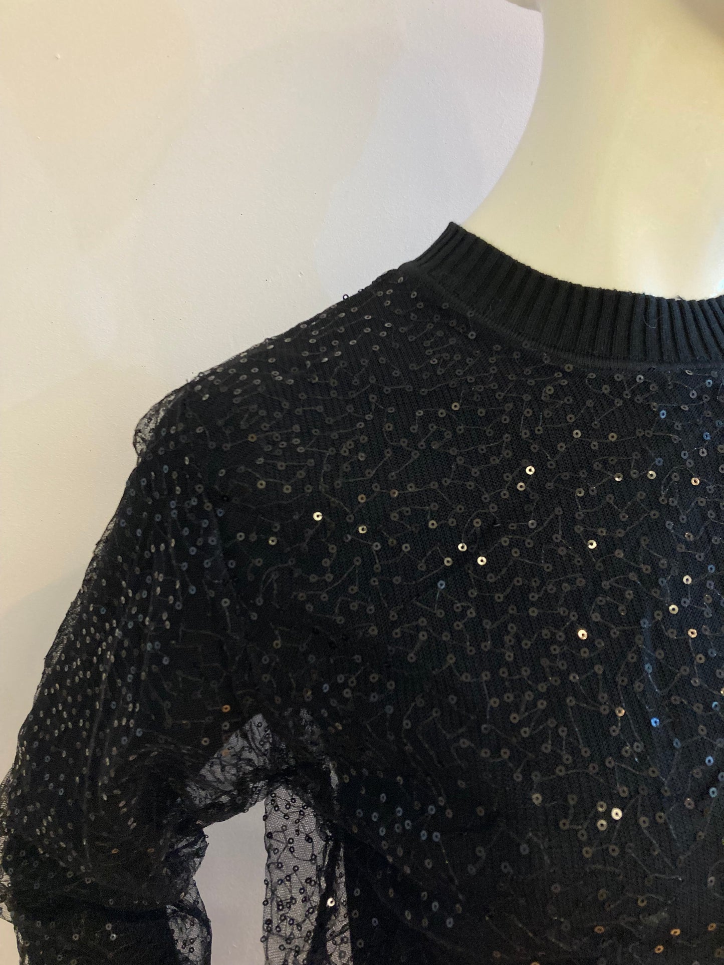 Small ribbed black sweater lined with sequin tulle