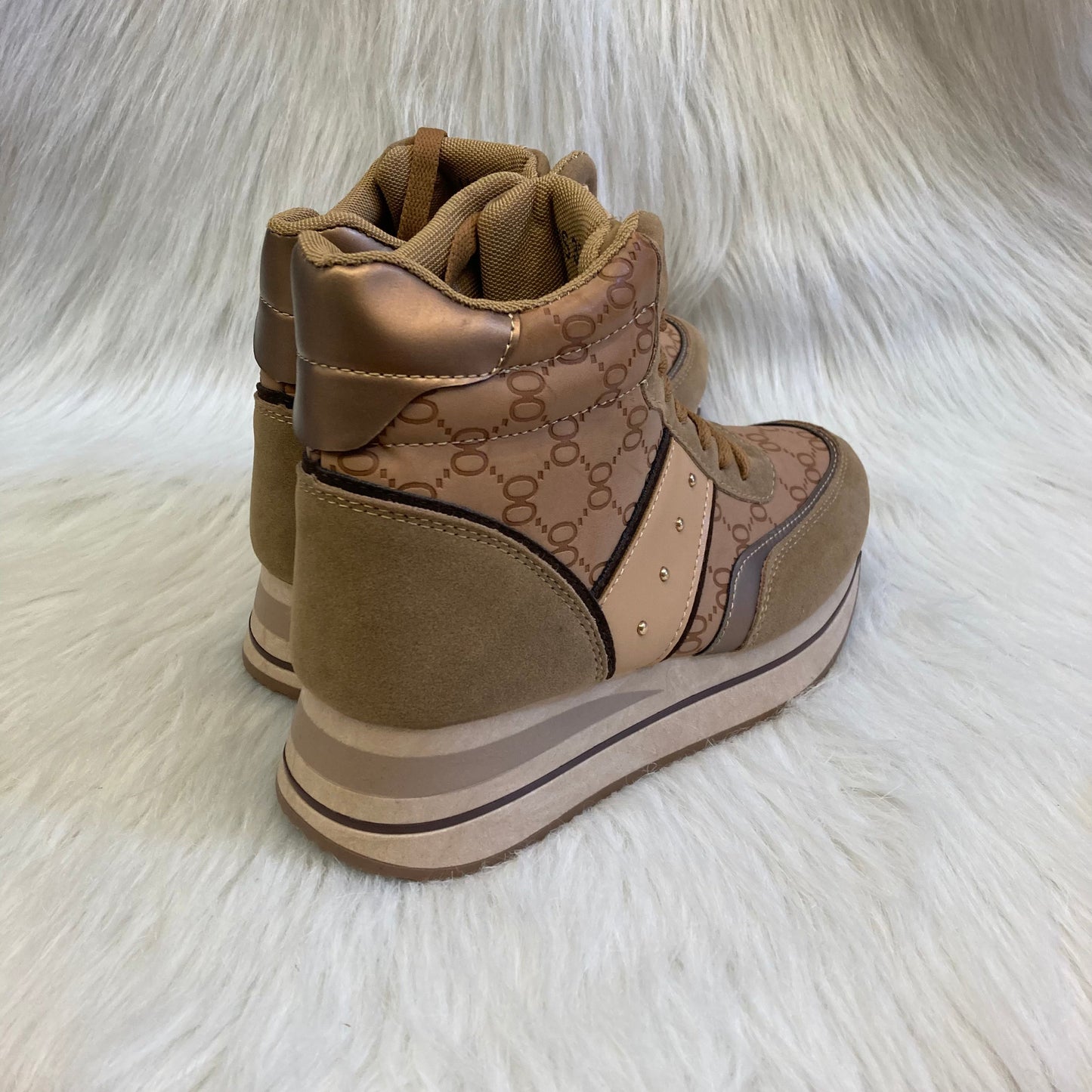 Camel wedge high-top trainer with pattern inspired