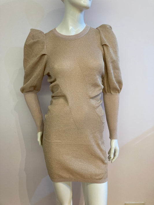 Shiny beige sweater dress with gathered sides