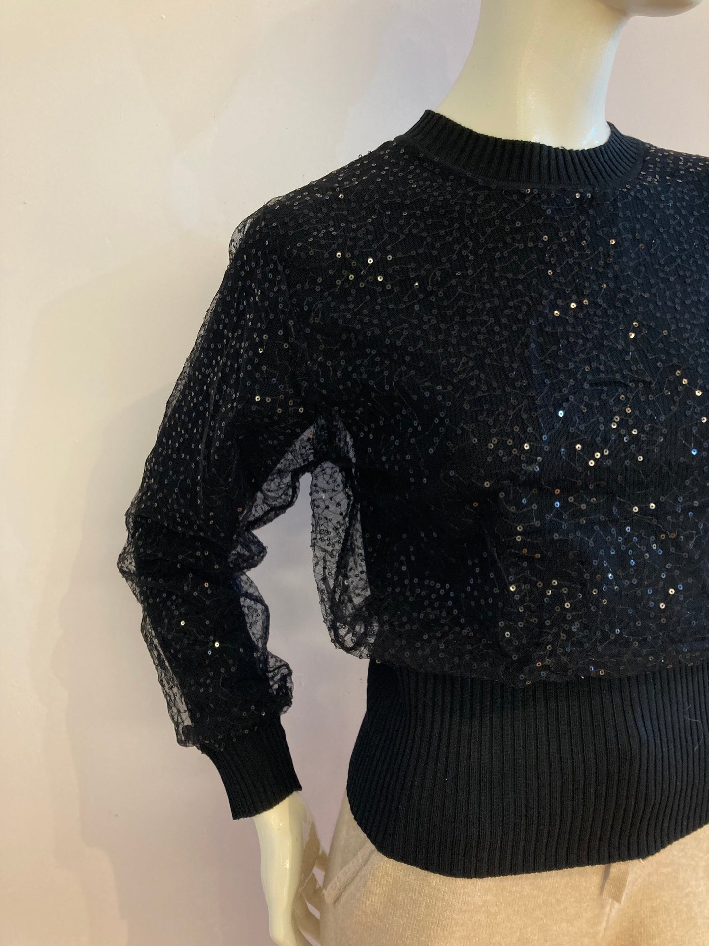 Small ribbed black sweater lined with sequin tulle