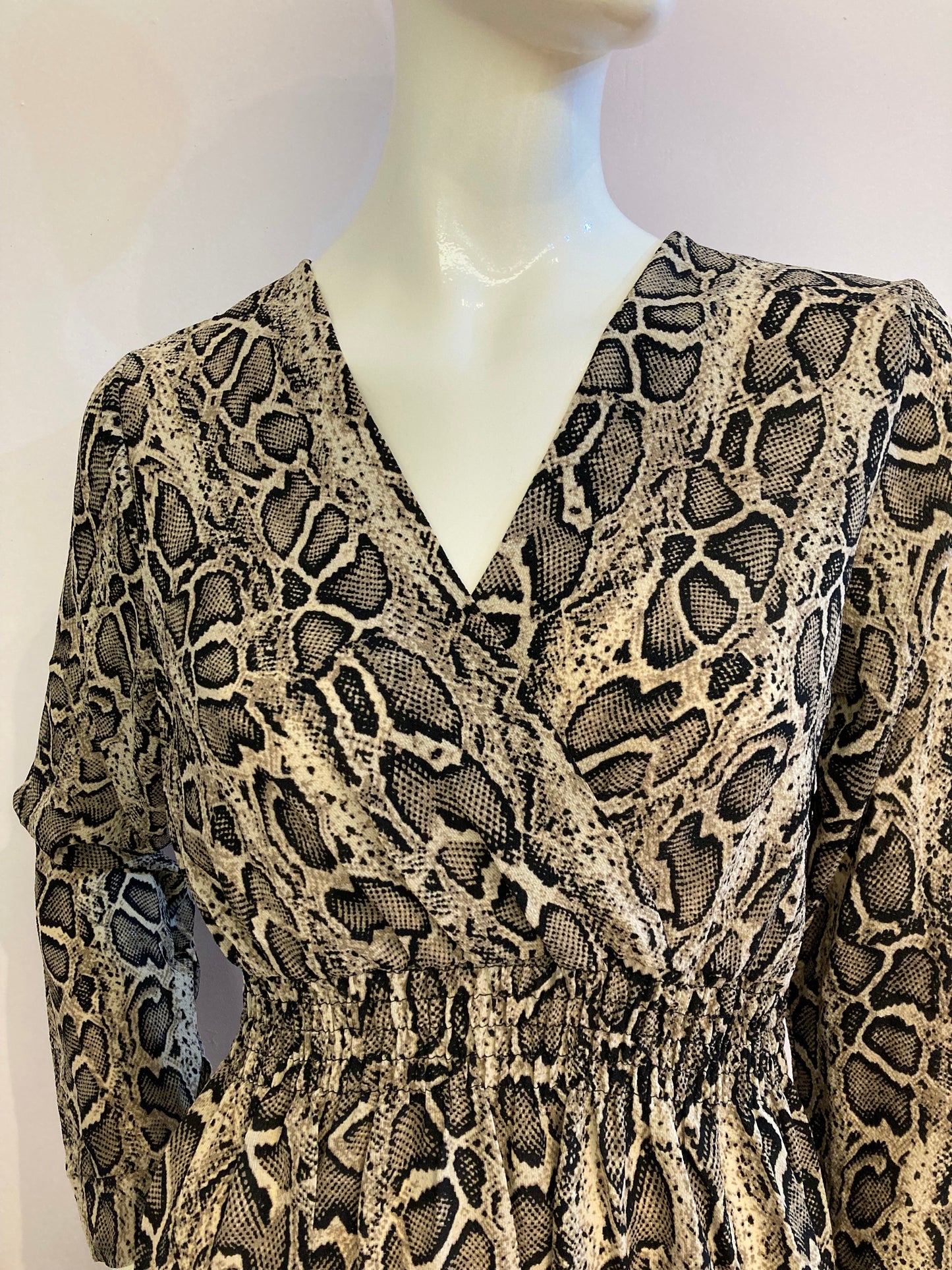 Python print dress crossed at the bust with elastic at the waist