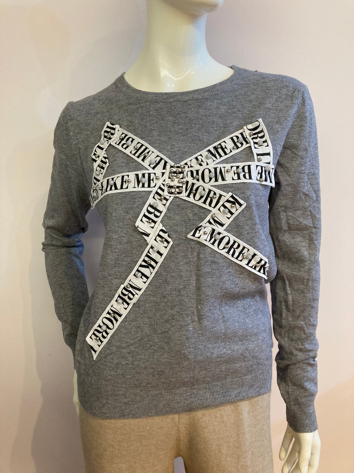 Gray sweater with yoke and rhinestones