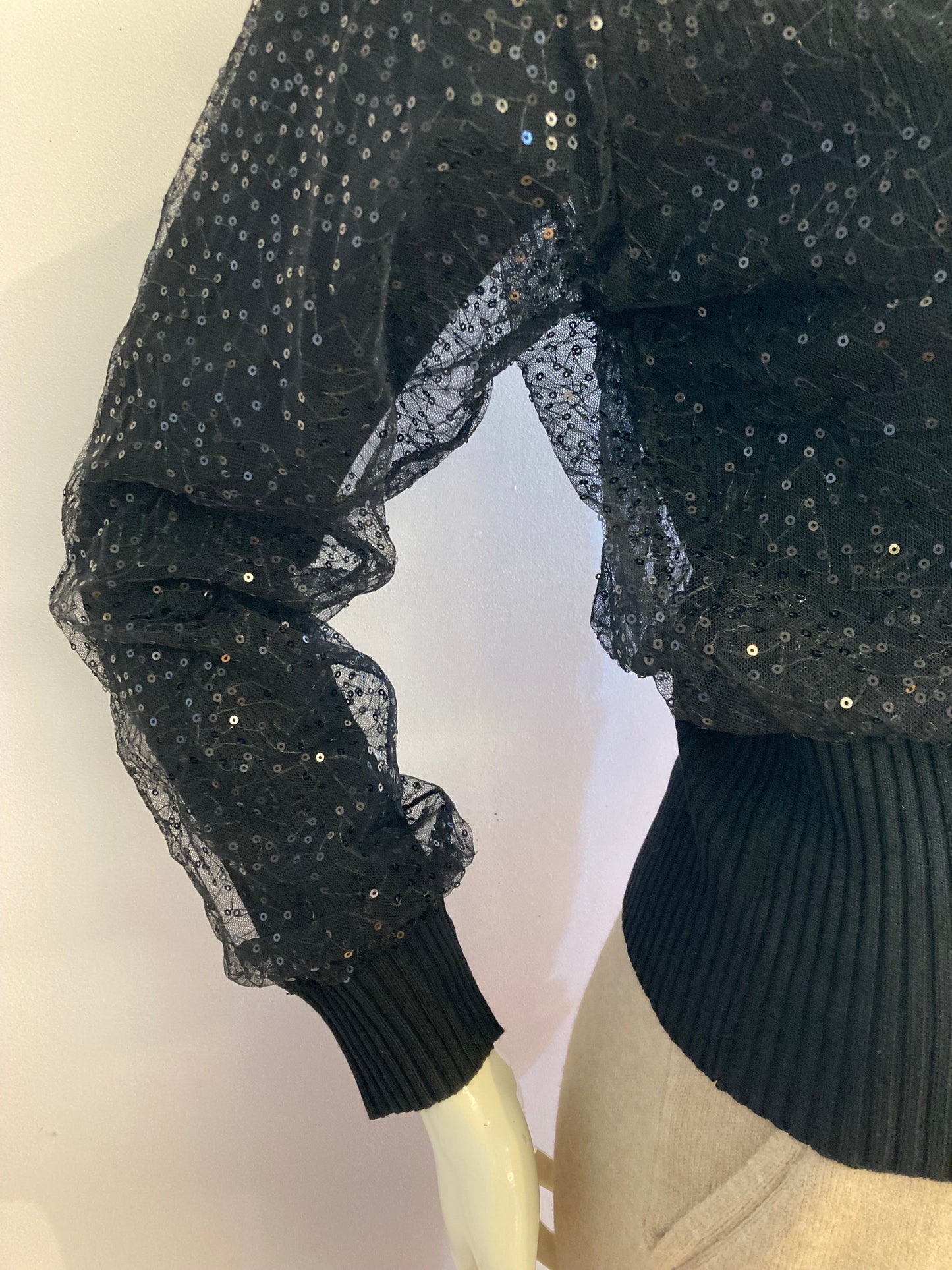 Small ribbed black sweater lined with sequin tulle