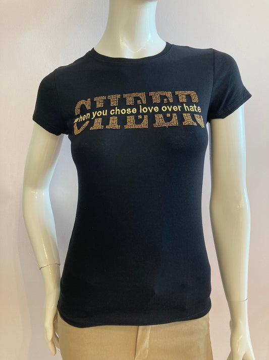 Black t-shirt with golden writing