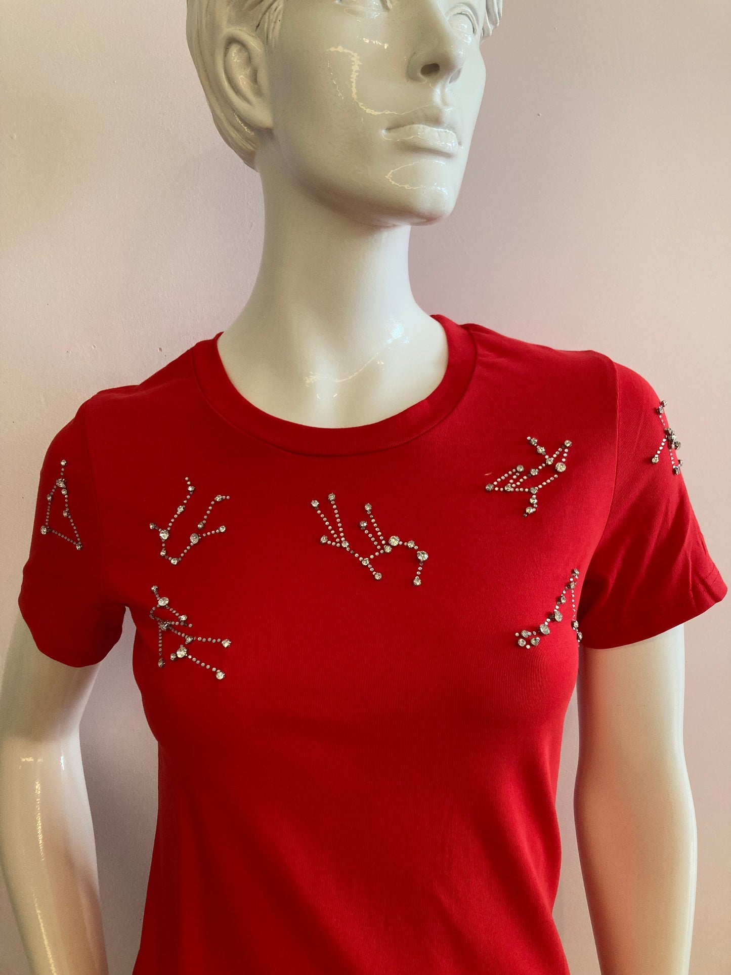 Red t-shirt with rhinestones on the bust