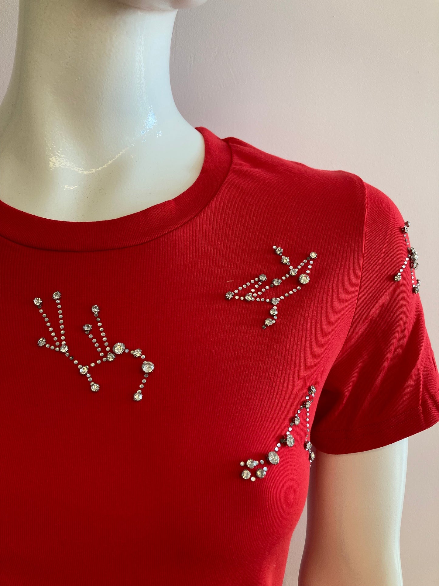 Red t-shirt with rhinestones on the bust