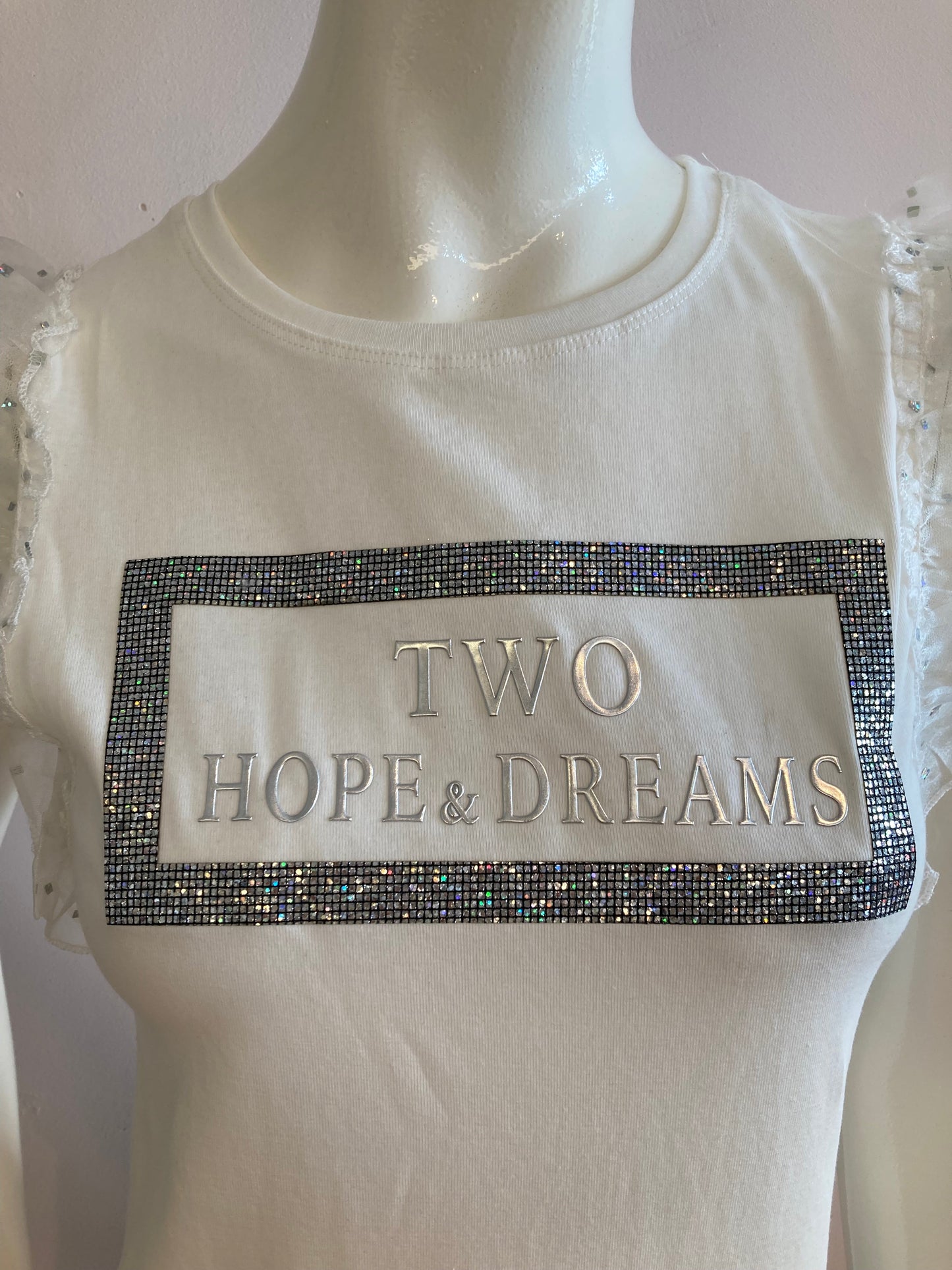 White t-shirt with rhinestones and tulle sleeves