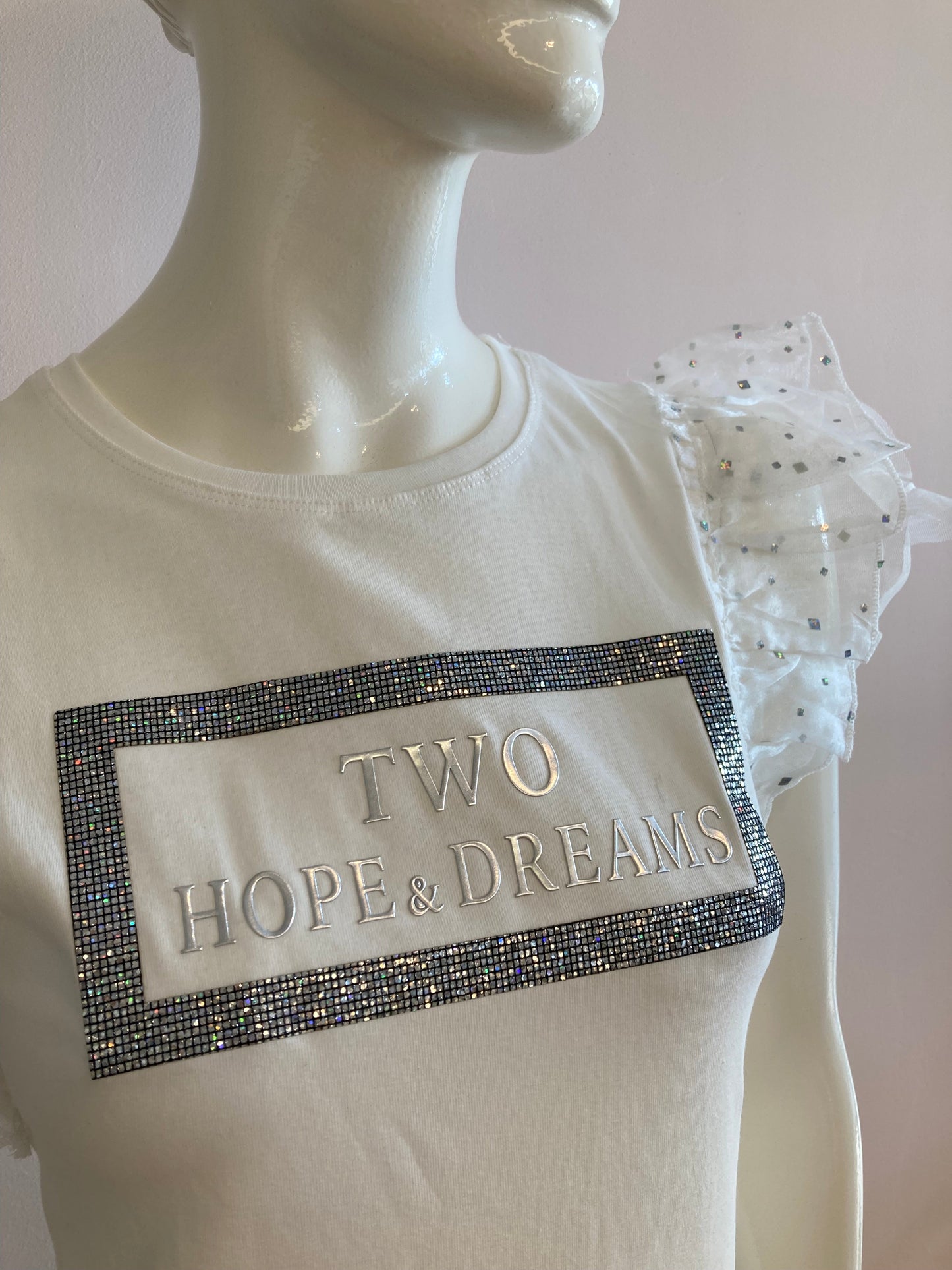 White t-shirt with rhinestones and tulle sleeves