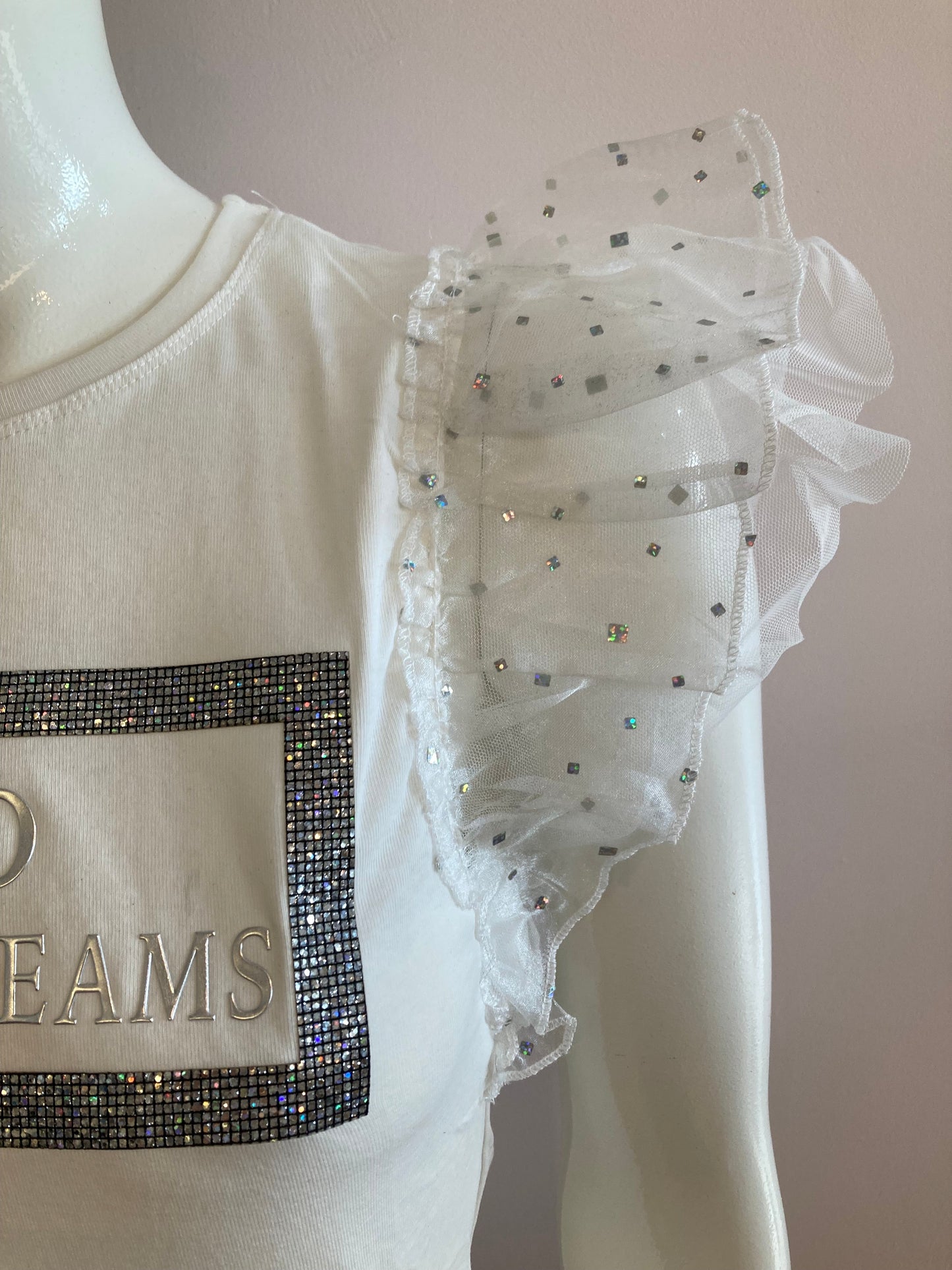 White t-shirt with rhinestones and tulle sleeves