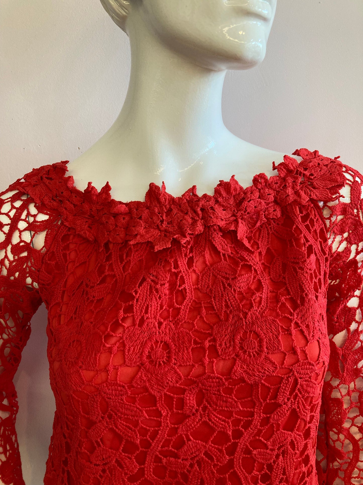 Red boat neck top in pretty lined lace