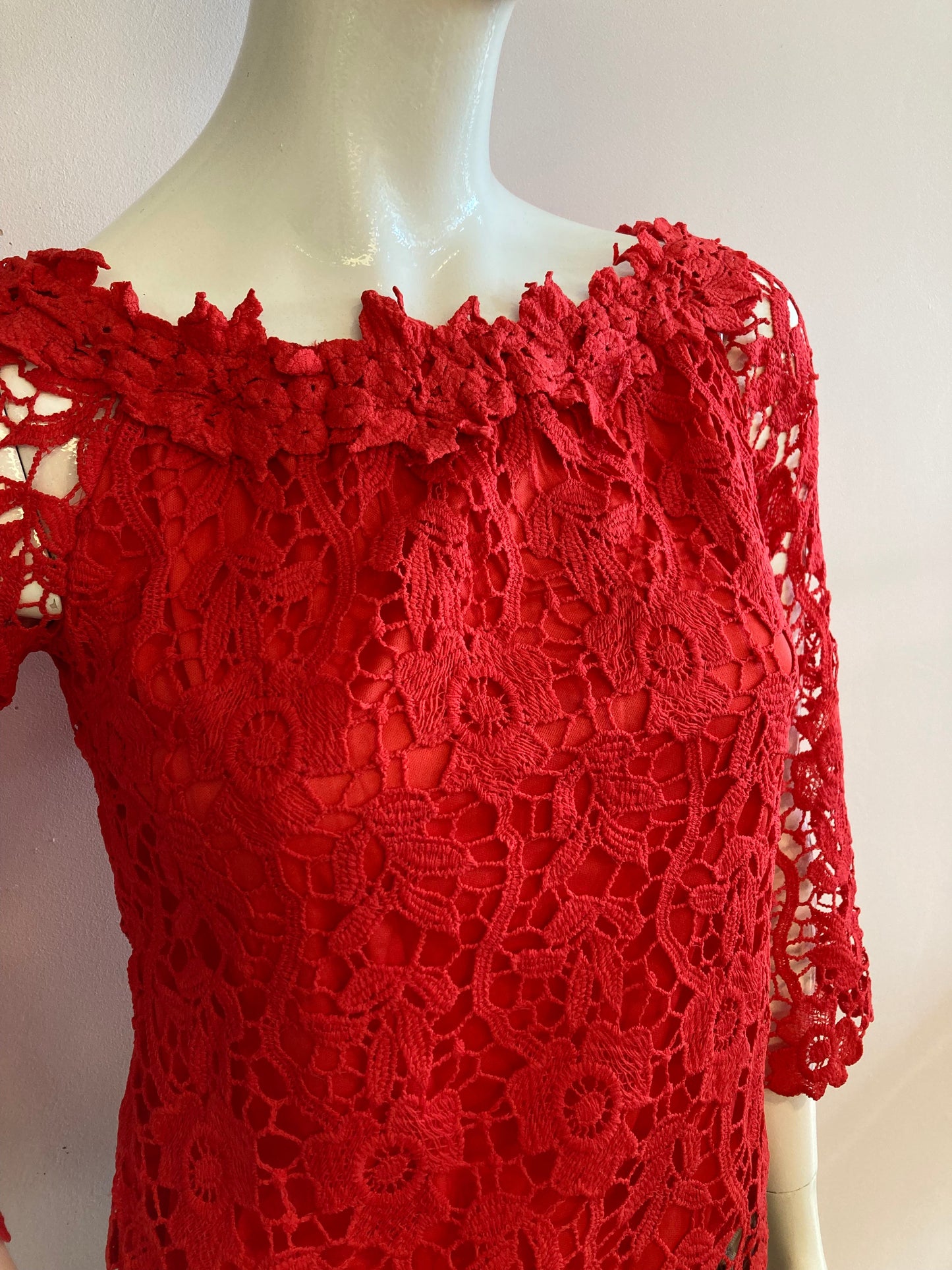 Red boat neck top in pretty lined lace