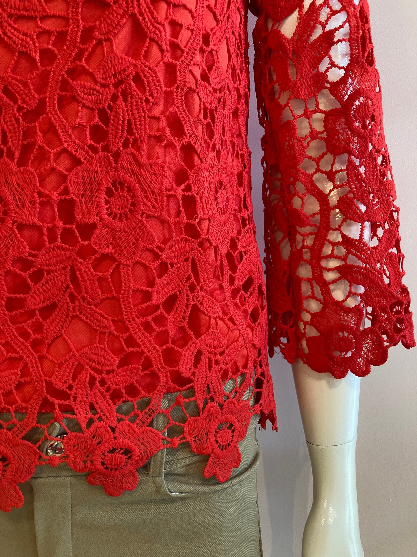 Red boat neck top in pretty lined lace