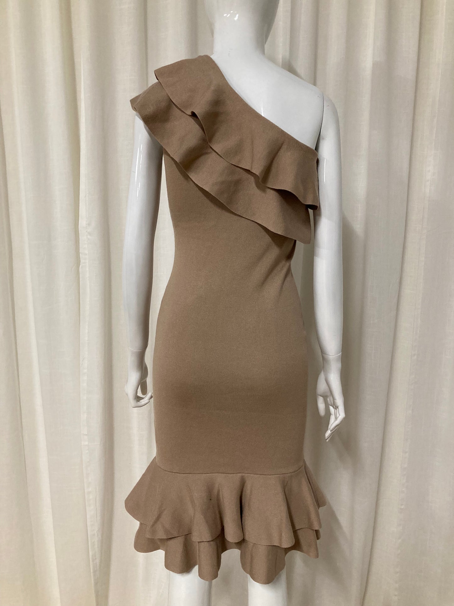 Beige asymmetric ribbed ruffle tube dress