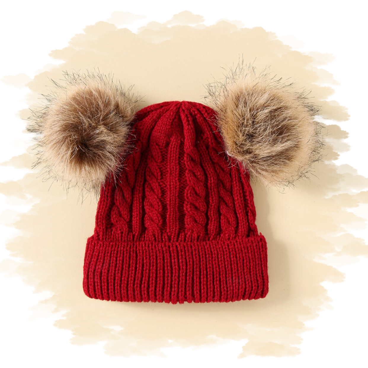 Casual babymuts rood dubbele pompom beige