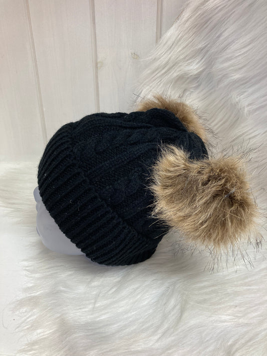 Casual babymuts zwart dubbele pompom beige