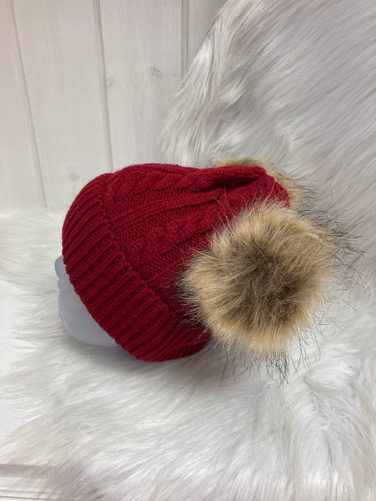 Casual babymuts rood dubbele pompom beige