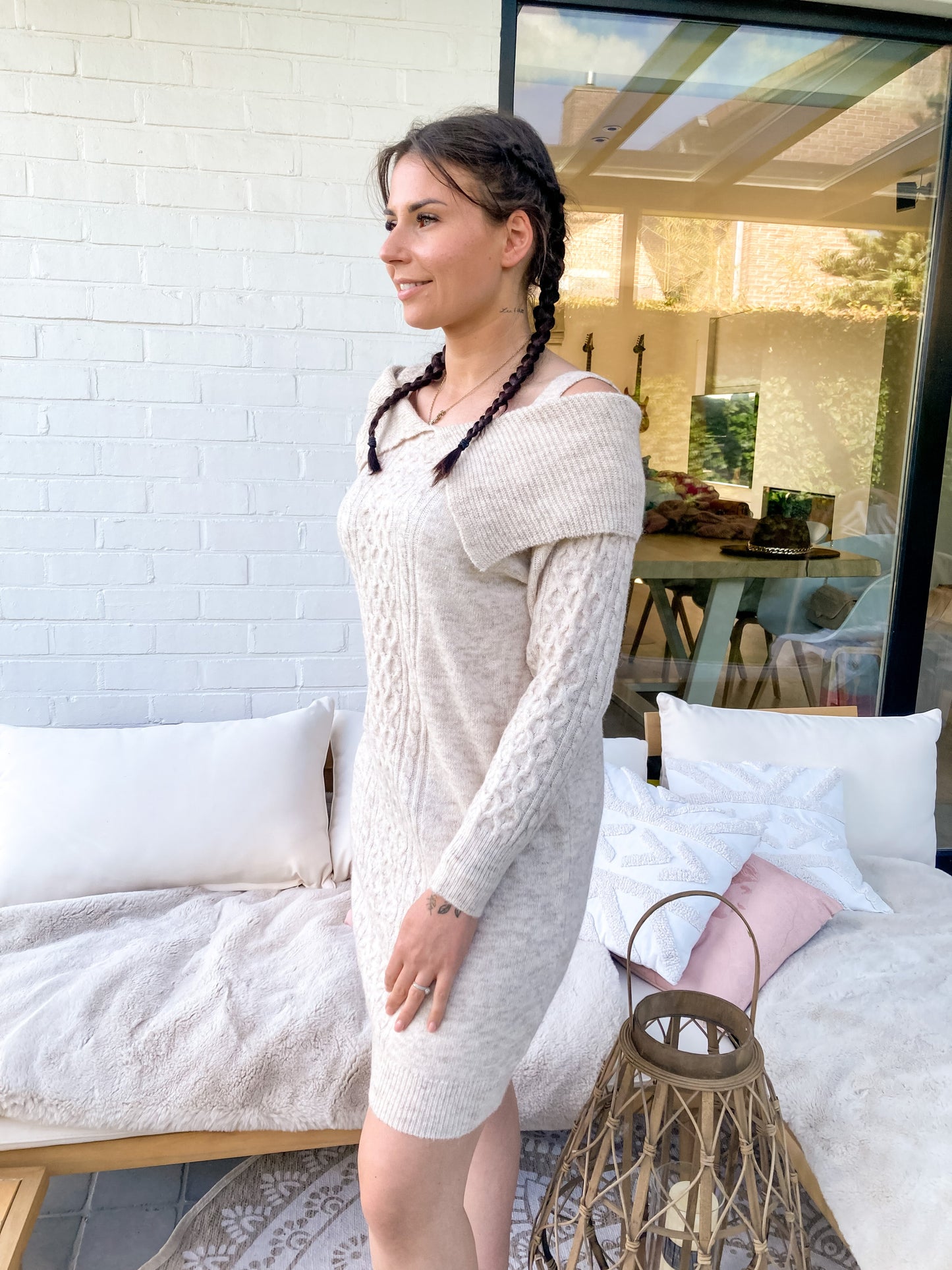 Cable knit sweater dress Beige