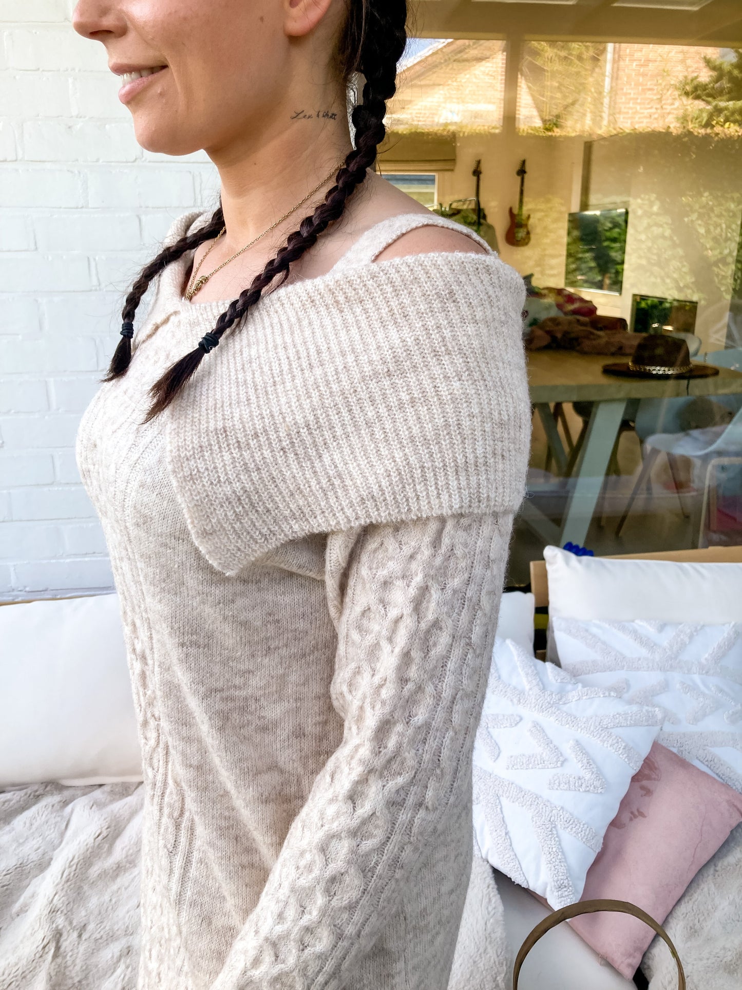 Cable knit sweater dress Beige