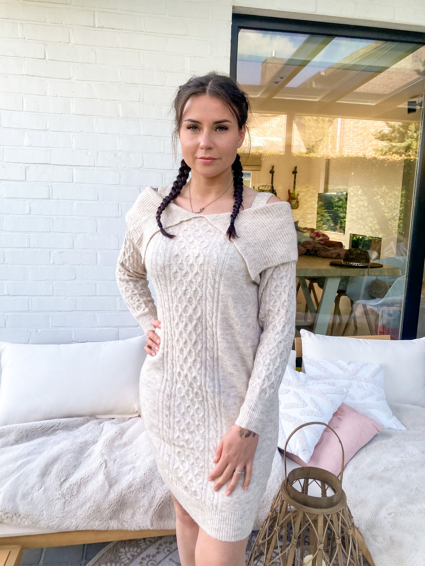 Cable knit sweater dress Beige