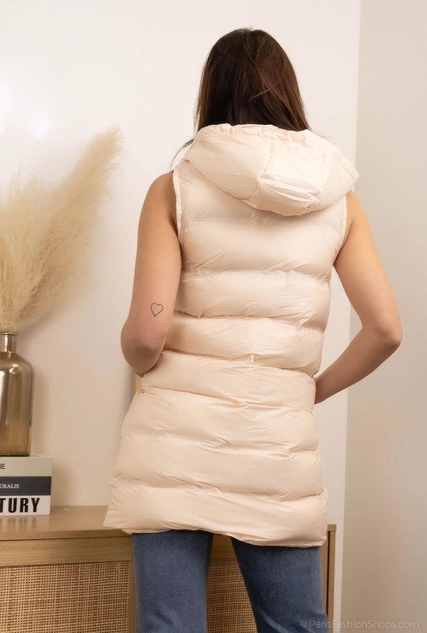 Sleeveless puffer jacket with hood beige