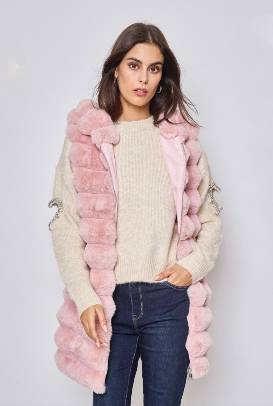 Sleeveless coat with sleeveless hood Roze