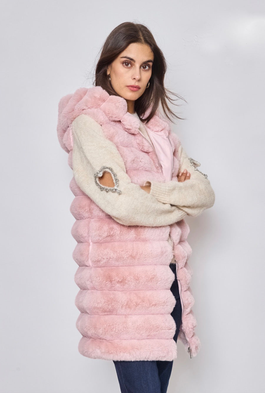 Sleeveless coat with sleeveless hood Roze